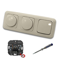 EBROM 1001 (2 x) LED Drehdimmer Dimmer + Busch Jäger Dimmerscheiben 2115-212 und Lichtschalter 2000/6 US in DURO2000 cremeweiß glänzend inklusive EBROM Phasenprüfer zur Montage der Geräte