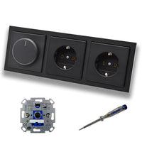 REV Ritter LED Drehdimmer Dimmer + Busch Jäger Dimmerscheibe 6540-885-102 und 2 x Steckdose 20EUC-885 in Future Linear schwarz matt inklusive EBROM Phasenprüfer zur Montage der Geräte ET1 66012B