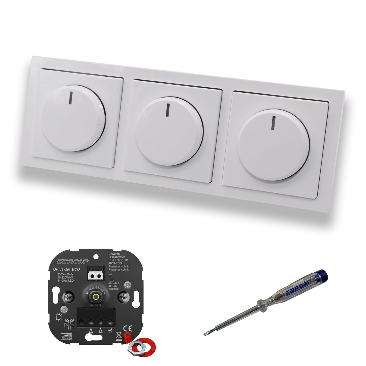 EBROM 1003 Universal ECO (3 Stück) LED Drehdimmer Dimmer + Busch Jäger Dimmerscheiben 6540-84-102 in Future Linear Studioweiß glänzend im 3-fach Rahmen inkl. EBROM Phasenprüfer zur Montage der Geräte