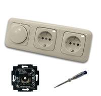 Busch Jäger 6523U-102 LED Drehdimmer Dimmer + Dimmerscheibe 2115-212 und 2 x Steckdose 20EUC-212 in DURO2000 cremeweiß glänzend inklusive EBROM Phasenprüfer zur Montage der Geräte 6523 U – 102