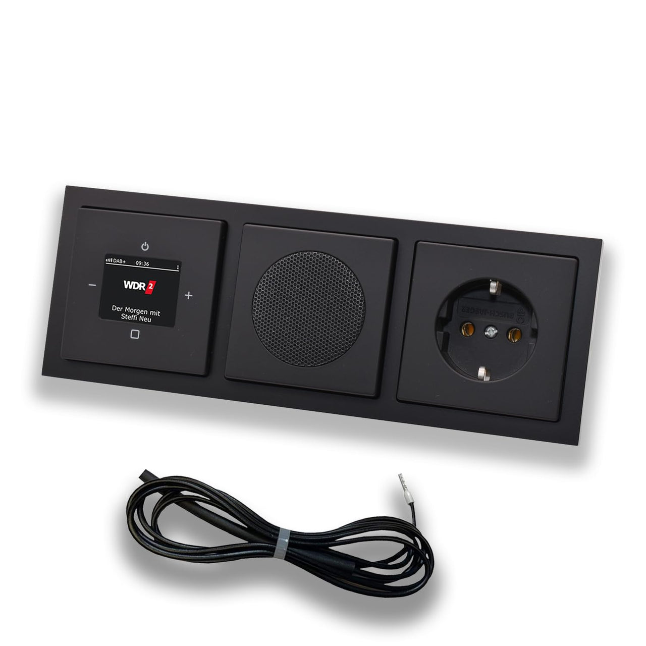 Busch Jäger DAB+ (DAB PLUS) Unterputz Radio 8215U-101 Future Anthrazit, Set mit Lautsprecher, Abdeckungen, Steckdose, Rahmen + 0,9 m EBROM Wurfantenne zur Empfangsoptimierung - 8215U