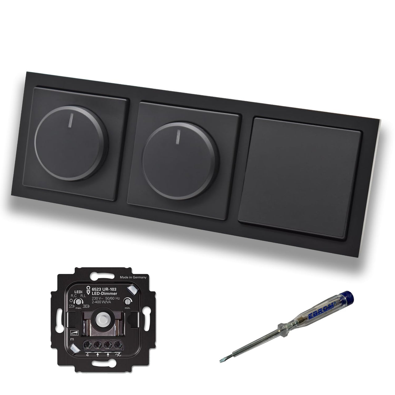 Busch Jäger 6523UR-103 (2 x) LED Drehdimmer Dimmer + Dimmerscheiben 6540-885-102 und Lichtschalter 2000/6 US in Future Linear schwarz matt inklusive EBROM Phasenprüfer zur Montage der Geräte