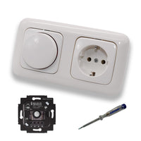 Busch Jäger 6523UR-103 LED Drehdimmer Dimmer + Scheibe 2115-214 und Steckdose mit Kinderschutz 20EUCKS-214 in Reflex Si alpinweiß glänzend inkl. EBROM Phasenprüfer zur Montage der Geräte 6523 UR-103