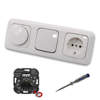 EBROM 1002 Universal PRO LED Drehdimmer Dimmer + Busch Jäger Dimmerscheibe 2115-214 + Taster 2020US + Steckdose 20EUC-214 Reflex Si alpinweiß glänzend + EBROM Phasenprüfer z. Montage der Geräte
