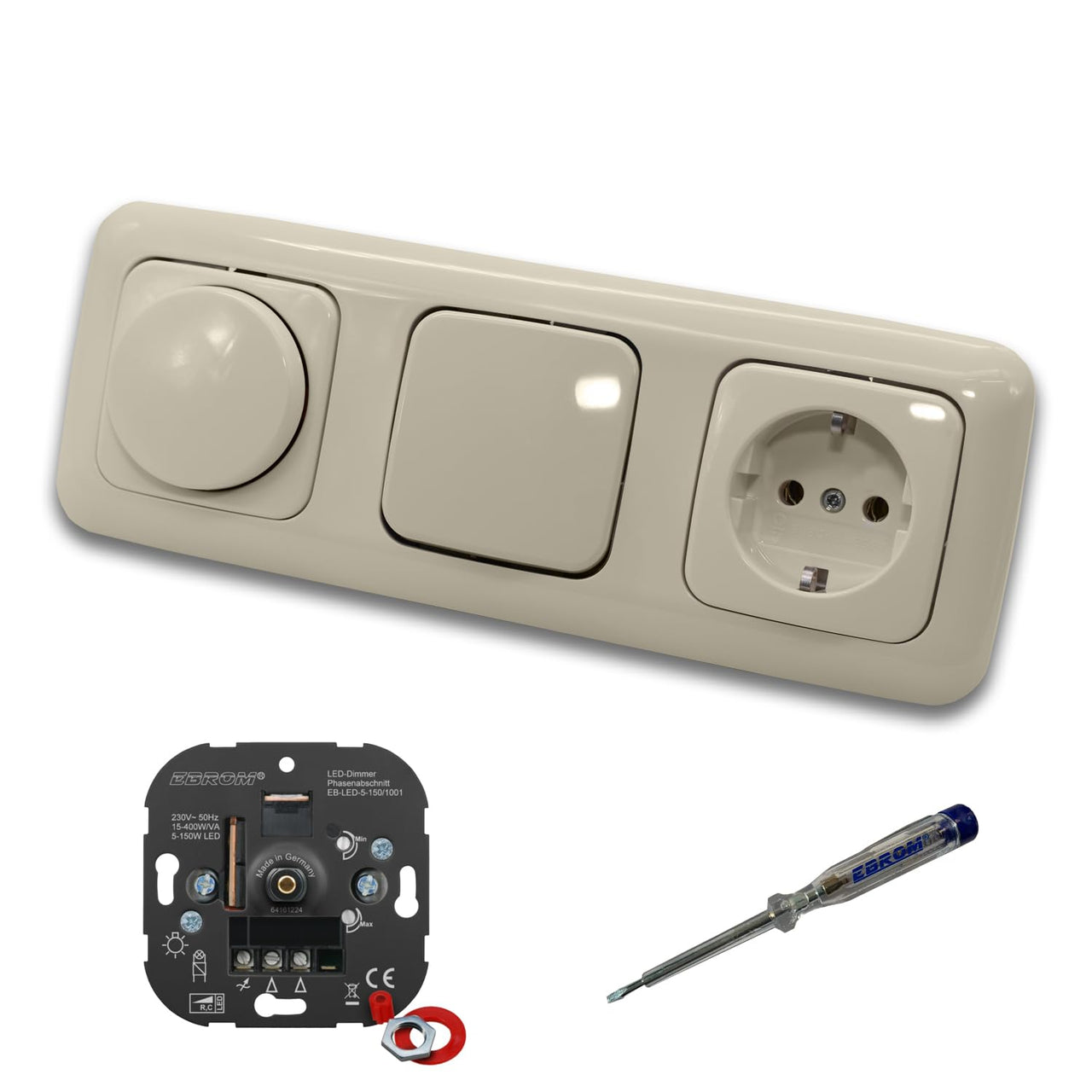 EBROM 1001 LED Drehdimmer Dimmer + Busch Jäger Dimmerscheibe 2115-212 + Lichtschalter 2000/6 US + Steckdose 20EUC-212 DURO2000 cremeweiß glänzend + EBROM Phasenprüfer z. Montage der Geräte