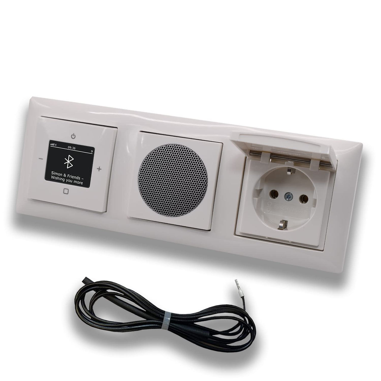 Busch Jäger DAB+ Unterputz Bluetooth Radio 8217U-101 Balance Si alpinweiß Komplett-Set + Lautsprecher + Klappsteckdose + 0,9 m EBROM Wurfantenne zur Empfangsoptimierung - 8217 U -101 + 20 EUK-914