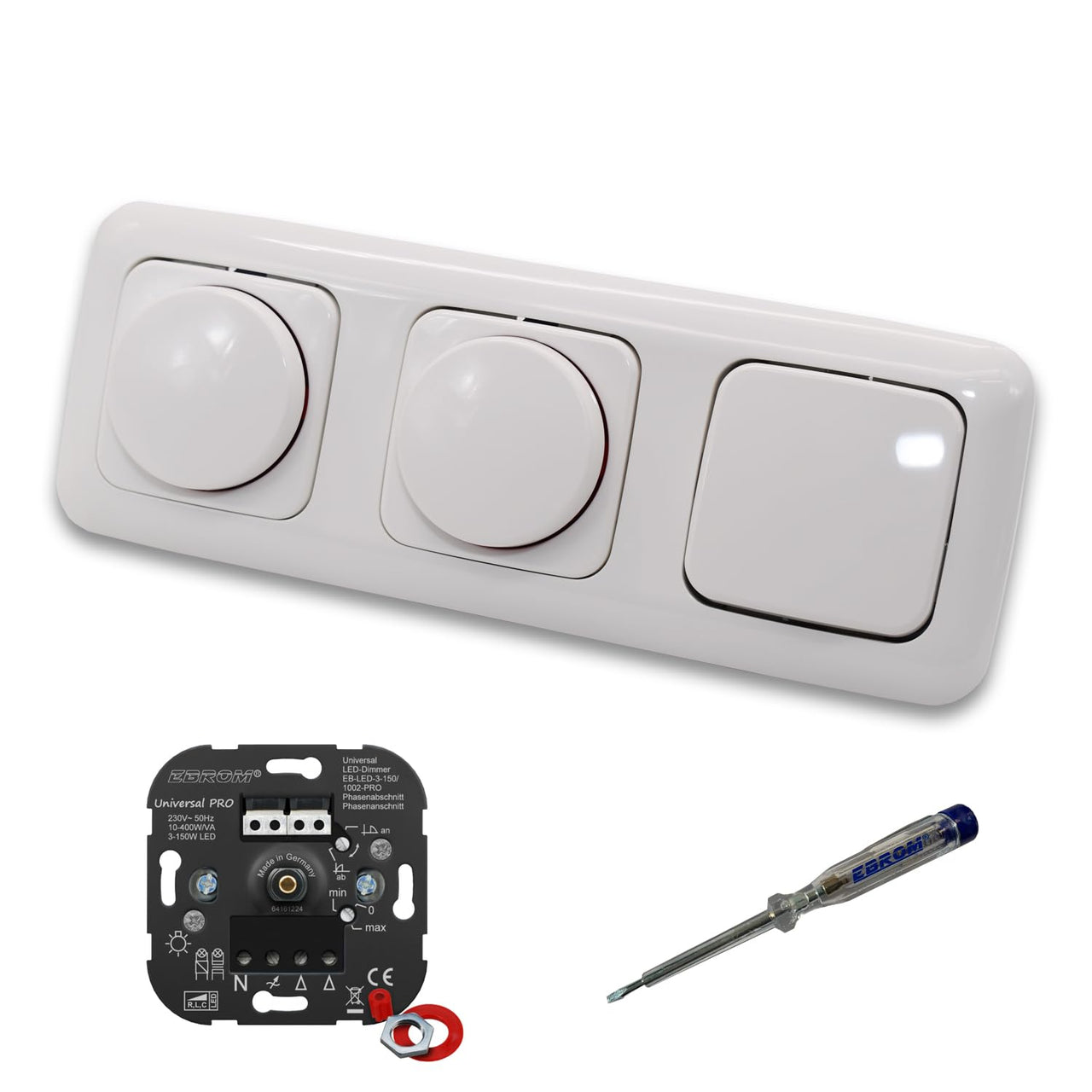 EBROM 1002 Universal PRO (2 x) LED Drehdimmer Dimmer + Busch Jäger Dimmerscheiben 2115-214 und Lichttaster 2020 US in Reflex Si alpinweiß glänzend inklusive EBROM Phasenprüfer zur Montage der Geräte