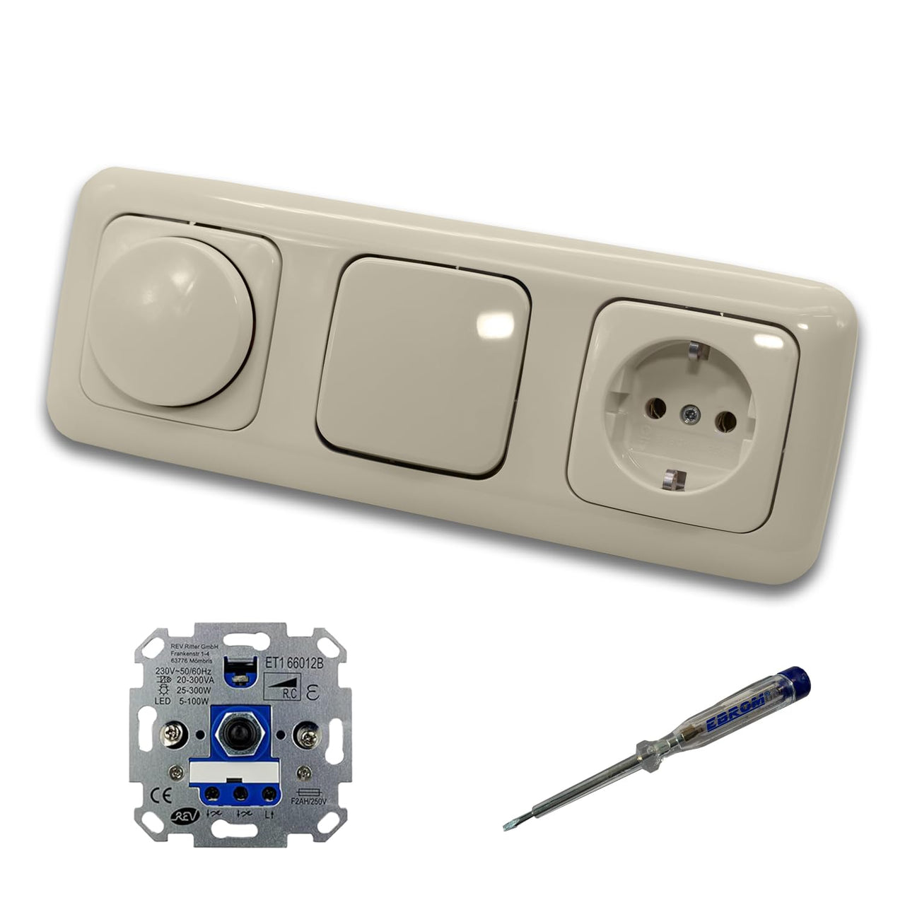 REV Ritter LED Drehdimmer Dimmer + Busch Jäger Dimmerscheibe 2115-212 + Taster 2020US + Steckdose mit Kinderschutz 20EUCKS-212 DURO2000 cremeweiß + EBROM Phasenprüfer zur Montage der Geräte ET1 66012B