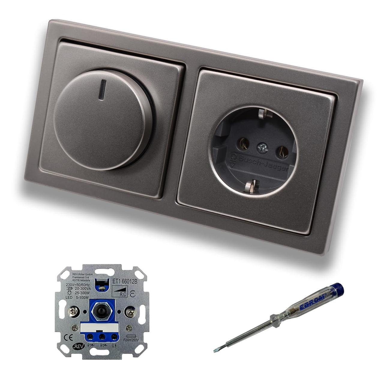 REV Ritter LED Drehdimmer Dimmer + Busch Jäger Dimmerscheibe 6540-866-102 und Steckdose 20EUC-866 in PUR Edelstahl inklusive EBROM Phasenprüfer zur Montage der Geräte ET1 66012B