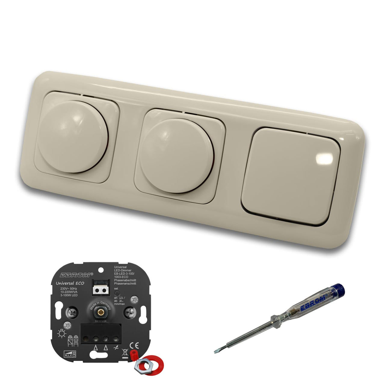 EBROM 1003 Universal ECO (2 x) LED Drehdimmer Dimmer + Busch Jäger Dimmerscheiben 2115-212 und Lichtschalter 2000/6 US in DURO2000 cremeweiß glänzend inklusive EBROM Phasenprüfer zur Montage d. Geräte