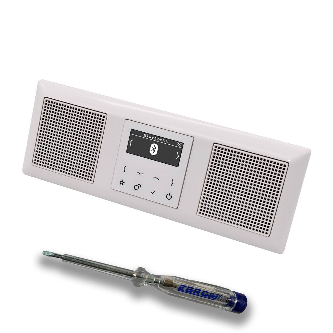 JUNG Smart Radio Unterputzradio DABABTWW DAB+ mit Bluetooth, Komplettset + 3fach Rahmen im JUNG AS 500 System, Farbe: alpinweiß, 2 x passende Lautsprecher und EBROM Phasenprüfer zur Montage der Geräte