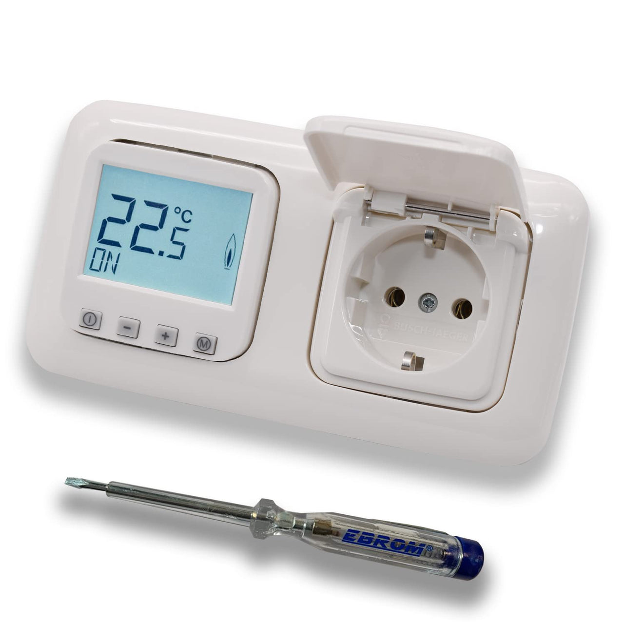 Halmburger Raumthermostat Raumtemperaturregler ERD-1Urg DIGITAL in Busch Jäger Reflex SI alpinweiß 2f Rahmen mit Klappsteckdose + EBROM Phasenprüfer zur Montage der Geräte ERD-1U (rg) Fußbodenheizung