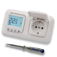 Halmburger Raumthermostat Raumtemperaturregler ERD-1Urg DIGITAL in Busch Jäger Reflex SI alpinweiß 2f Rahmen mit Klappsteckdose + EBROM Phasenprüfer zur Montage der Geräte ERD-1U (rg) Fußbodenheizung