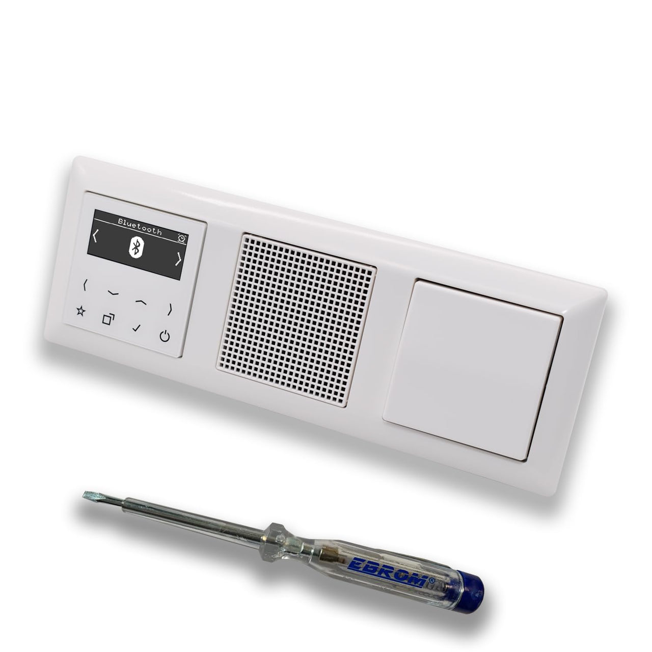 JUNG Smart Radio Unterputzradio DABABTWW DAB+ mit Bluetooth, Komplettset + 3fach Rahmen im JUNG AS 500 System, alpinweiß, Lautsprecher, Wippschalter AN/AUS + EBROM Phasenprüfer zur Montage der Geräte