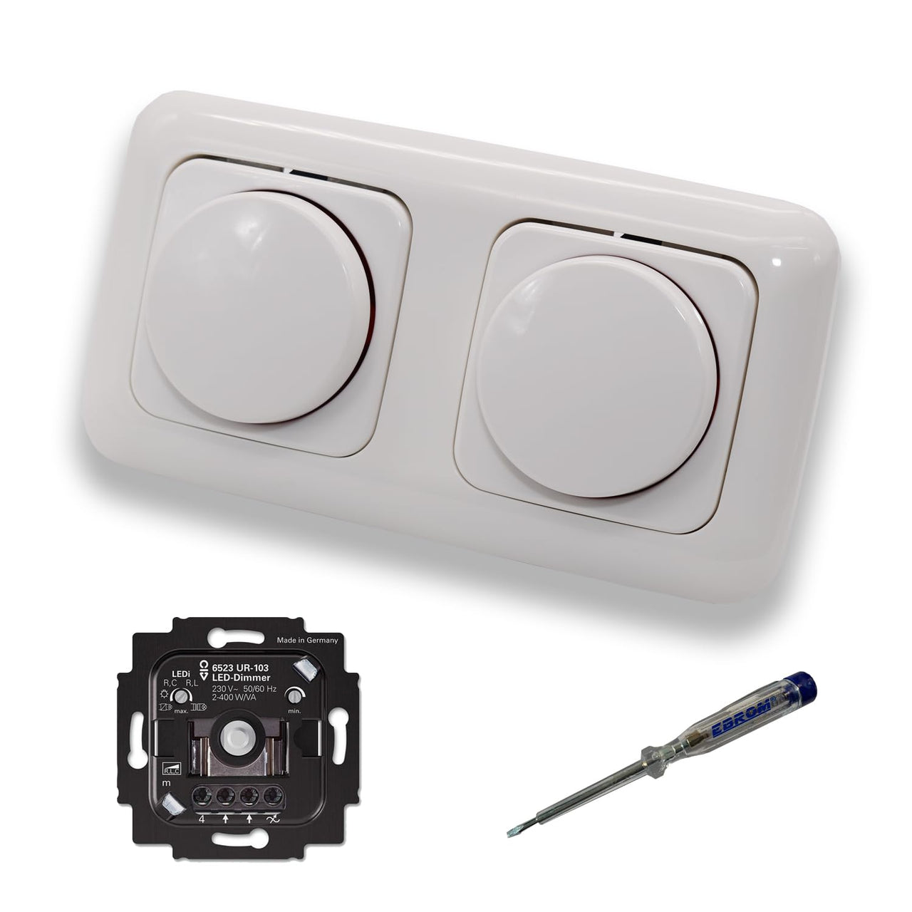 Busch Jäger 6523UR-103 (2 Stück) LED Drehdimmer Dimmer + Dimmerscheiben 2115-214 in ReflexSi alpinweiß glänzend im 2-fach Rahmen inkl. EBROM Phasenprüfer zur Montage der Geräte 6523 UR-103