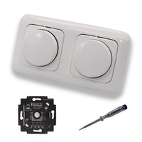 Busch Jäger 6523UR-103 (2 Stück) LED Drehdimmer Dimmer + Dimmerscheiben 2115-214 in ReflexSi alpinweiß glänzend im 2-fach Rahmen inkl. EBROM Phasenprüfer zur Montage der Geräte 6523 UR-103