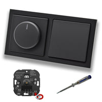 EBROM 1003 Universal ECO LED Drehdimmer Dimmer + Busch Jäger Dimmerscheibe 6540-885-102 und Kreuzschalter 2000/7 US in Future Linear Schwarz matt + EBROM Phasenprüfer zur Montage der Geräte