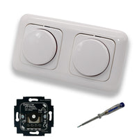 Busch Jäger 6523U-102 (2 Stück) LED Drehdimmer Dimmer + Dimmerscheiben 2115-214 in ReflexSi alpinweiß glänzend im 2-fach Rahmen inkl. EBROM Phasenprüfer zur Montage der Geräte 6523 U - 102