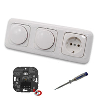 EBROM 1003 Universal ECO (2 x) LED Drehdimmer Dimmer + Busch Jäger Dimmerscheibe 2115-214 und Steckdose 20EUC-214 in Reflex Si alpinweiß glänzend inklusive EBROM Phasenprüfer zur Montage der Geräte