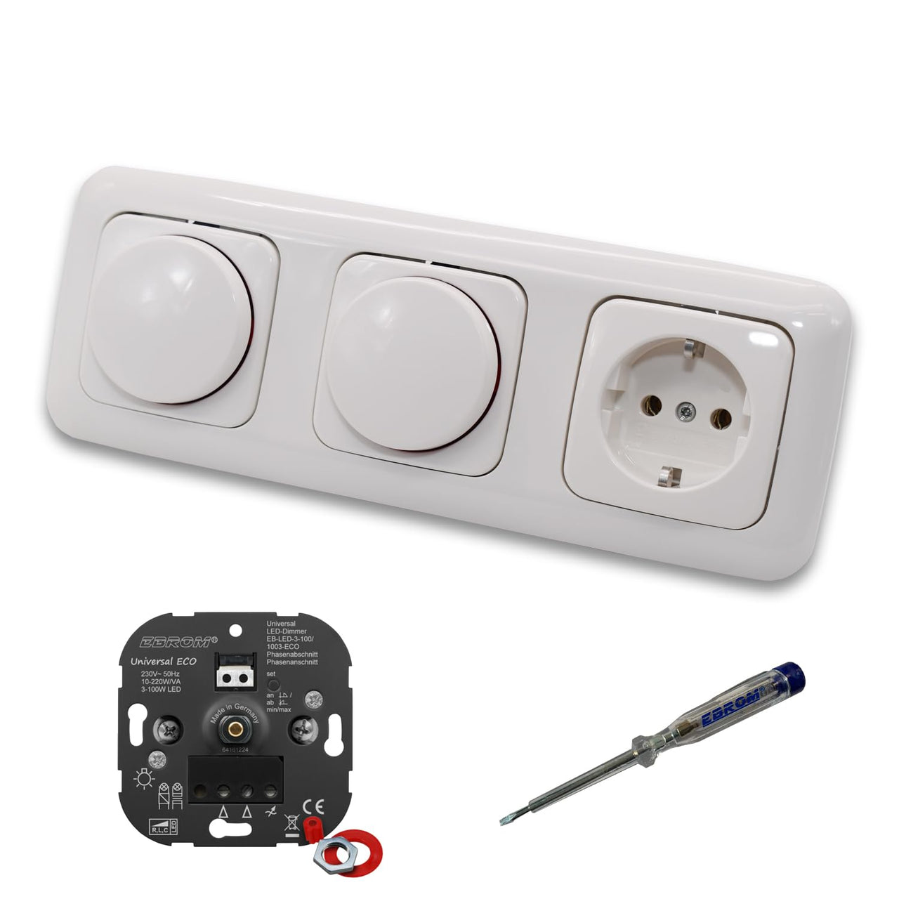 EBROM 1003 Universal ECO (2 x) LED Drehdimmer Dimmer + Busch Jäger Dimmerscheiben 2115-214 und Steckdose mit Kinderschutz 20EUCKS-214 in Reflex Si alpinweiß glänzend + EBROM Phasenprüfer zur Montage