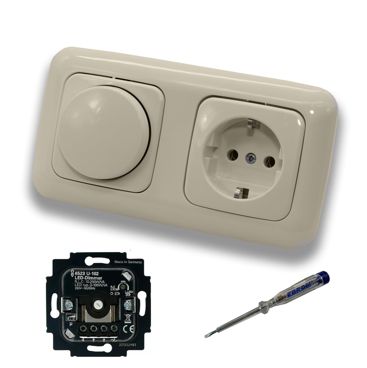 Busch Jäger 6523U-102 LED Drehdimmer Dimmer + Dimmerscheibe 2115-212 und Steckdose 20EUC-212 in DURO2000 cremeweiß glänzend inklusive EBROM Phasenprüfer zur Montage der Geräte 6523 U – 102