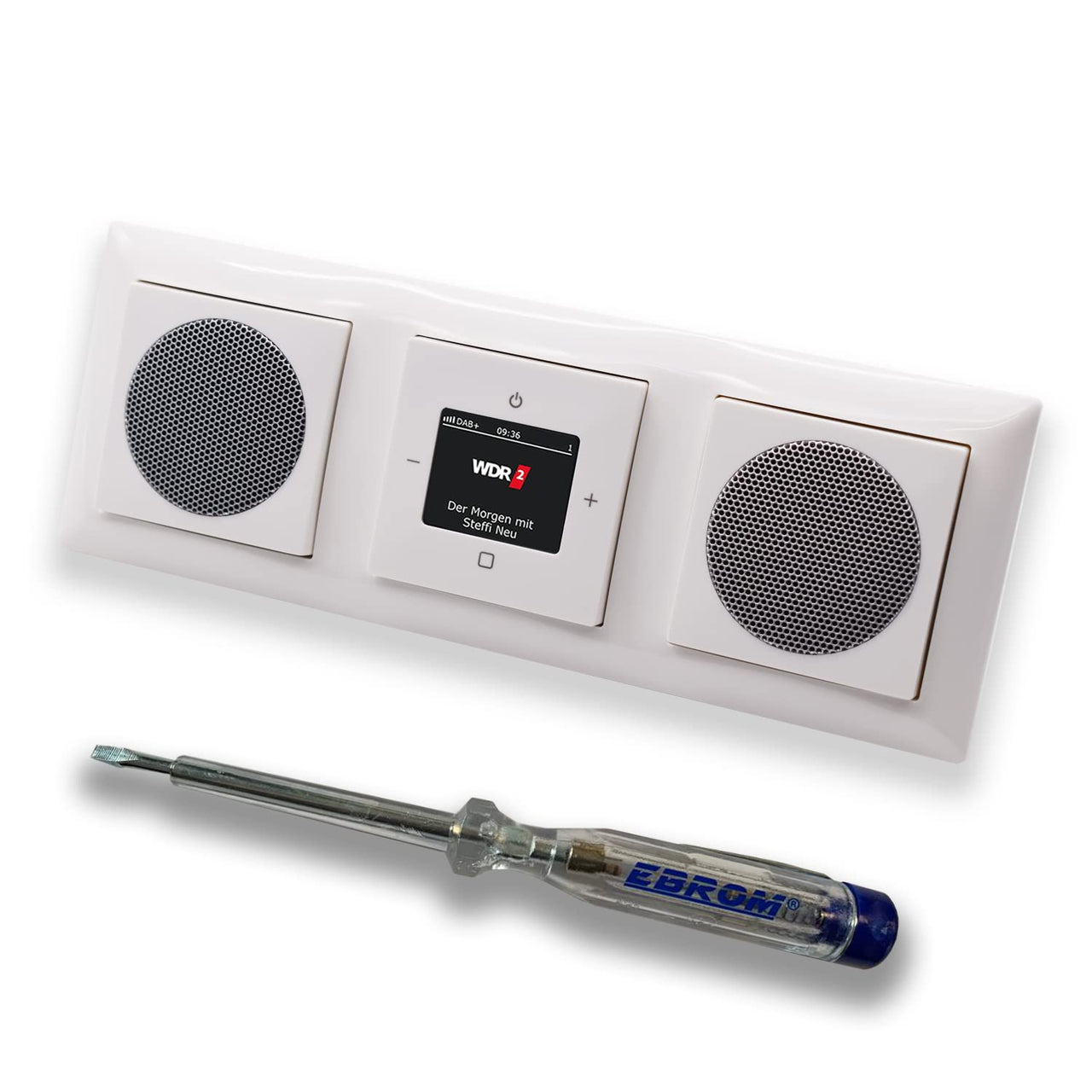 Busch Jäger DAB+ (DAB PLUS) Unterputz Radio 8215U-101 Balance SI alpinweiß, Komplett-Set mit 2 x Lautsprecher, Abdeckungen, Rahmen + EBROM Phasenprüfer z. Montage der Geräte - 8215 U – 101