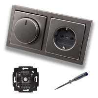 Busch Jäger 6523UR-103 LED Drehdimmer Dimmer + Dimmerscheibe 6540-866-102 und Steckdose mit Kinderschutz 20EUCKS-866 in PUR Edelstahl inkl. EBROM Phasenprüfer zur Montage der Geräte 6523 UR-103