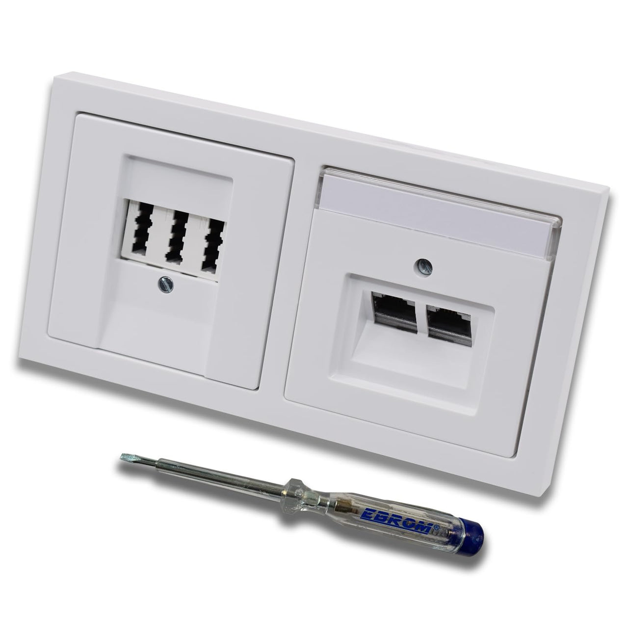 Busch Jäger, Rutenbeck Unterputz Netzwerkdose 10 Gigabit/S (10GbE) KAT6A 6A 2xRJ45 Anschluss + EBROM Telefon TAE 3x6 NFN Dose in BJ Future Linear Studioweiß + EBROM Phasenprüfer z. Montage d. Geräte