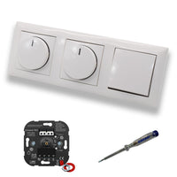 EBROM 1002 Universal PRO (2 x) LED Drehdimmer Dimmer + Busch Jäger Dimmerscheiben 2115-914 und Lichtschalter 2000/6 US in Balance Si alpinweiß glänzend inklusive EBROM Phasenprüfer z. Montage d.Geräte