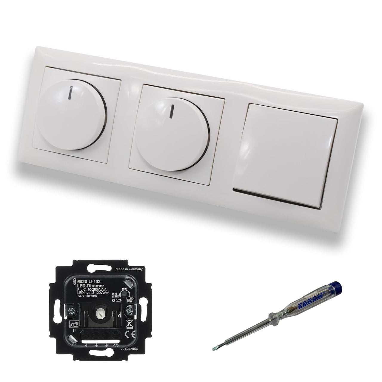 Busch Jäger 6523U-102 (2 x) LED Drehdimmer Dimmer + Dimmerscheiben 2115-914 und Lichtschalter 2000/6 US in Balance Si alpinweiß glänzend inklusive EBROM Phasenprüfer zur Montage d. Geräte 6523 U – 102