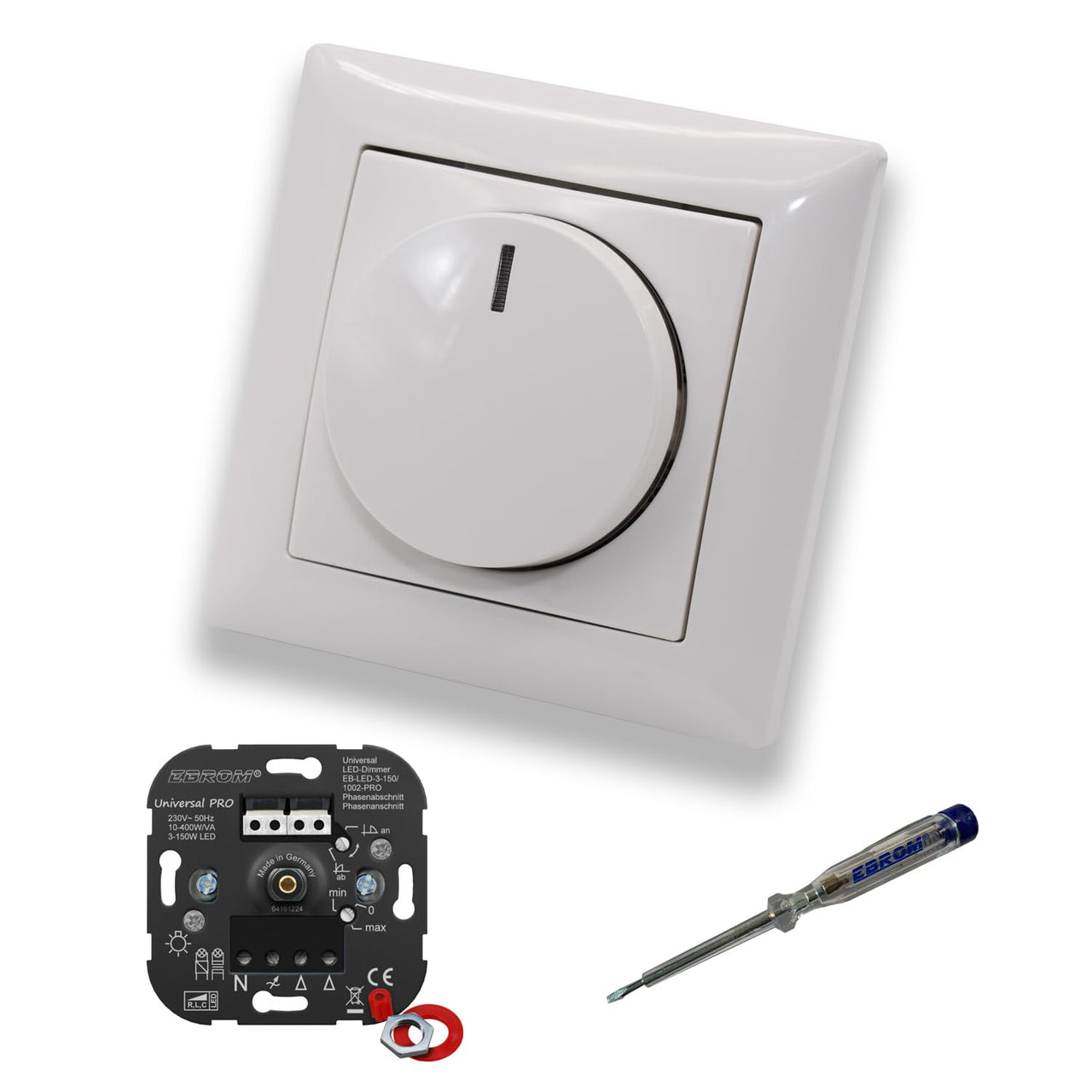 EBROM 1002 Universal PRO LED-Drehdimmer LED Dimmer mit Busch Jäger Dimmerscheibe Zentralplatte 2115-914 Einfachrahmen in Balance Si alpinweiß glänzend + EBROM Phasenprüfer zur Montage des Geräts
