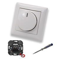 EBROM 1002 Universal PRO LED-Drehdimmer LED Dimmer mit Busch Jäger Dimmerscheibe Zentralplatte 2115-914 Einfachrahmen in Balance Si alpinweiß glänzend + EBROM Phasenprüfer zur Montage des Geräts