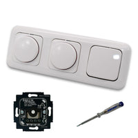 Busch Jäger 6523U-102 (2 x) LED Drehdimmer Dimmer + Dimmerscheiben 2115-214 und Lichttaster 2020 US in Reflex Si alpinweiß glänzend inklusive EBROM Phasenprüfer zur Montage der Geräte 6523 U – 102