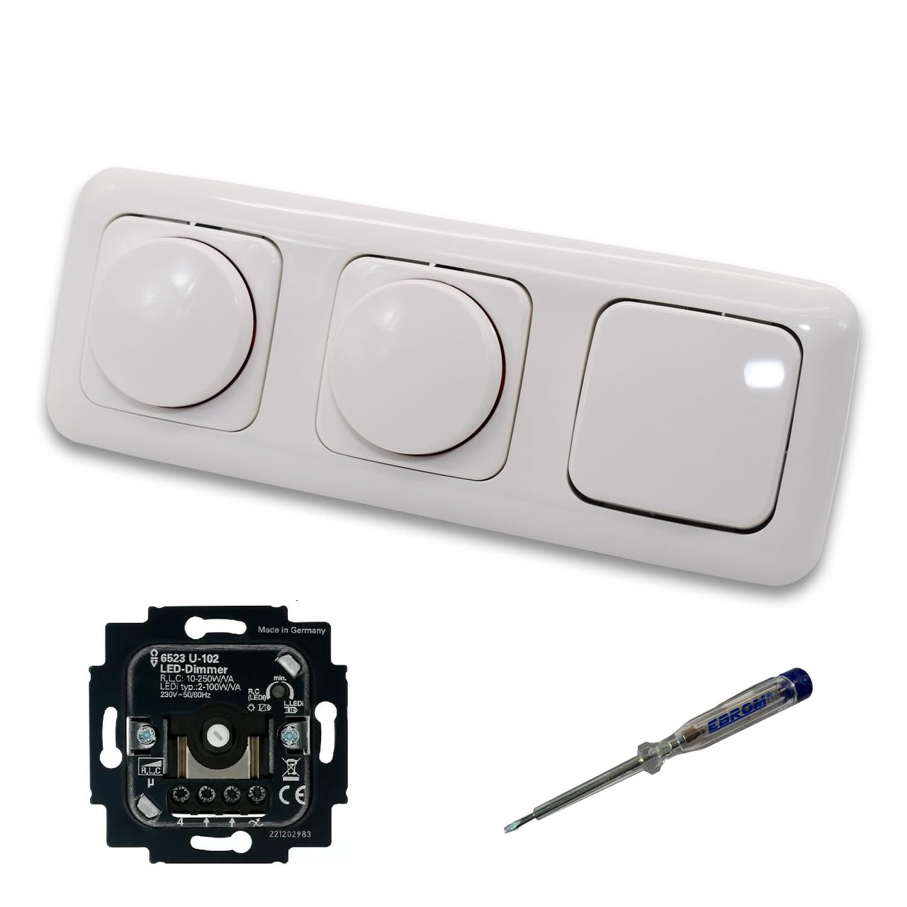 Busch Jäger 6523U-102 (2 x) LED Drehdimmer Dimmer + Dimmerscheiben 2115-214 und Kreuzschalter 2000/7 US in Reflex Si alpinweiß glänzend inklusive EBROM Phasenprüfer zur Montage der Geräte 6523 U – 102
