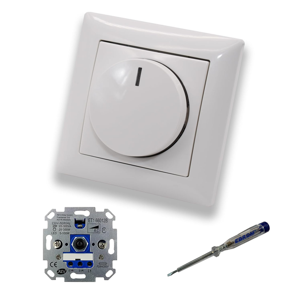 REV Ritter LED Drehdimmer LED-Dimmer mit Busch Jäger Dimmerscheibe Zentralplatte 2115-914 Einfachrahmen in Balance Si alpinweiß glänzend inklusive EBROM Phasenprüfer z. Montage des Dimmers ET1 66012B