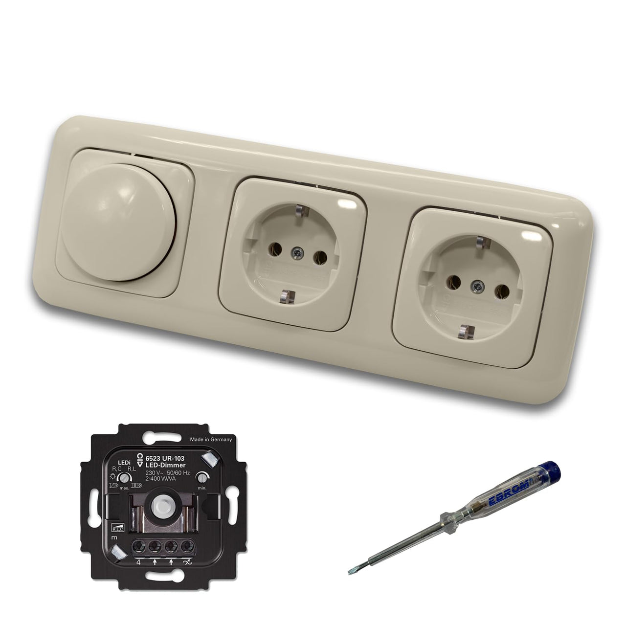 Busch Jäger 6523UR-103 LED Drehdimmer Dimmer + Dimmerscheibe 2115-212 und 2 x Steckdose 20EUC-212 in DURO2000 cremeweiß glänzend inklusive EBROM Phasenprüfer zur Montage der Geräte 6523 UR-103