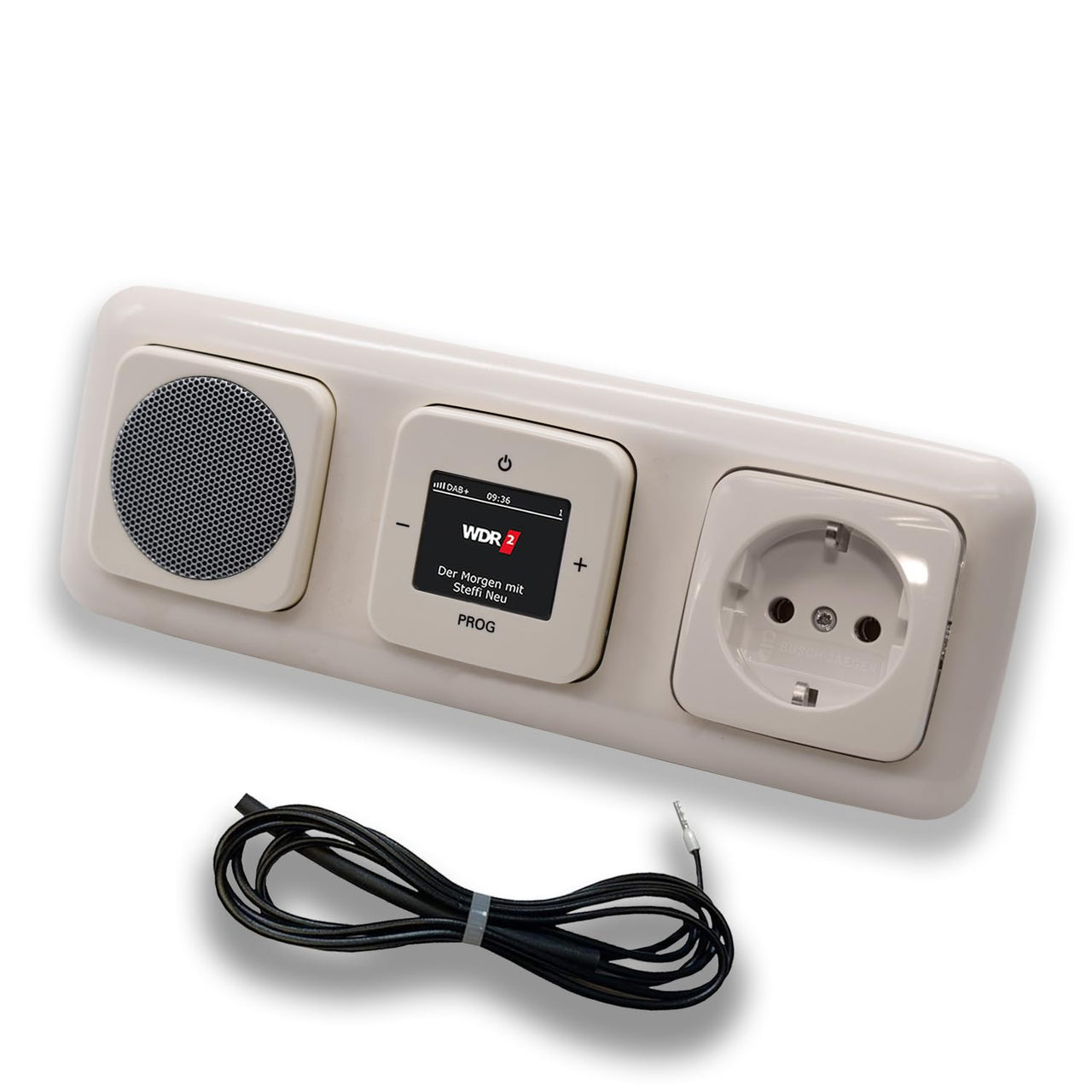 Busch Jäger DAB+ (DAB PLUS) Unterputz Radio 8215U-101 DURO2000 cremeweiß, Set mit Lautsprecher, Abdeckungen, Steckdose, Rahmen inkl. 0,9 m EBROM Wurfantenne zur Empfangsoptimierung - 8215U