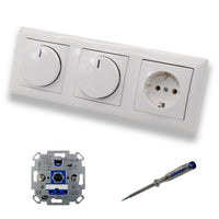 REV Ritter (2 x) LED Drehdimmer Dimmer + Busch Jäger Dimmerscheibe 2115-914 und Steckdose 20EUC-914 in Balance Si alpinweiß glänzend inklusive EBROM Phasenprüfer zur Montage der Geräte ET1 66012B