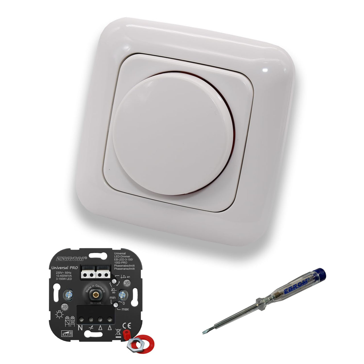 EBROM 1002 Universal PRO LED-Drehdimmer LED Dimmer mit Busch Jäger Dimmerscheibe Zentralplatte 2115-214 Einfachrahmen in Reflex Si alpinweiß glänzend + EBROM Phasenprüfer zur Montage des Geräts