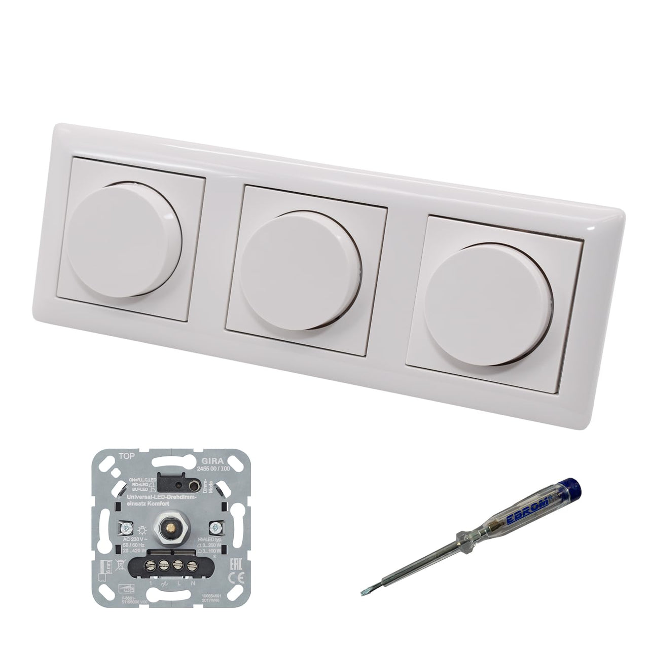 GIRA 245500 (3 Stück) LED Drehdimmer Dimmer + Dimmerscheiben Zentralscheiben 065003 in System55 reinweiß glänzend im 3-fach Rahmen inkl. EBROM Phasenprüfer zur Montage der Geräte