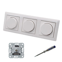 GIRA 245500 (3 Stück) LED Drehdimmer Dimmer + Dimmerscheiben Zentralscheiben 065003 in System55 reinweiß glänzend im 3-fach Rahmen inkl. EBROM Phasenprüfer zur Montage der Geräte