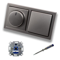 REV Ritter LED Drehdimmer Dimmer + Busch Jäger Dimmerscheibe 6540-866-102 und Lichtschalter 2000/6 US in PUR Edelstahl inklusive EBROM Phasenprüfer zur Montage der Geräte ET1 66012B