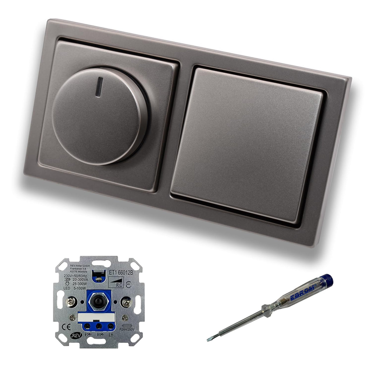 REV Ritter LED Drehdimmer Dimmer + Busch Jäger Dimmerscheibe 6540-866-102 und Kreuzschalter 2000/7 US in PUR Edelstahl inklusive EBROM Phasenprüfer zur Montage der Geräte ET1 66012B
