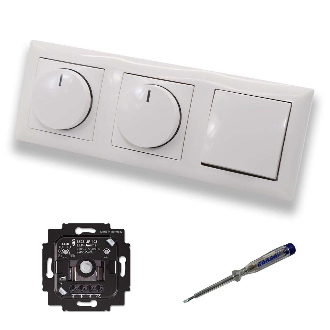 Busch Jäger 6523UR-103 (2 x) LED Drehdimmer Dimmer + Dimmerscheiben 2115-914 und Lichtschalter 2000/6 US in Balance Si alpinweiß glänzend inklusive EBROM Phasenprüfer zur Montage d. Geräte 6523 UR-103