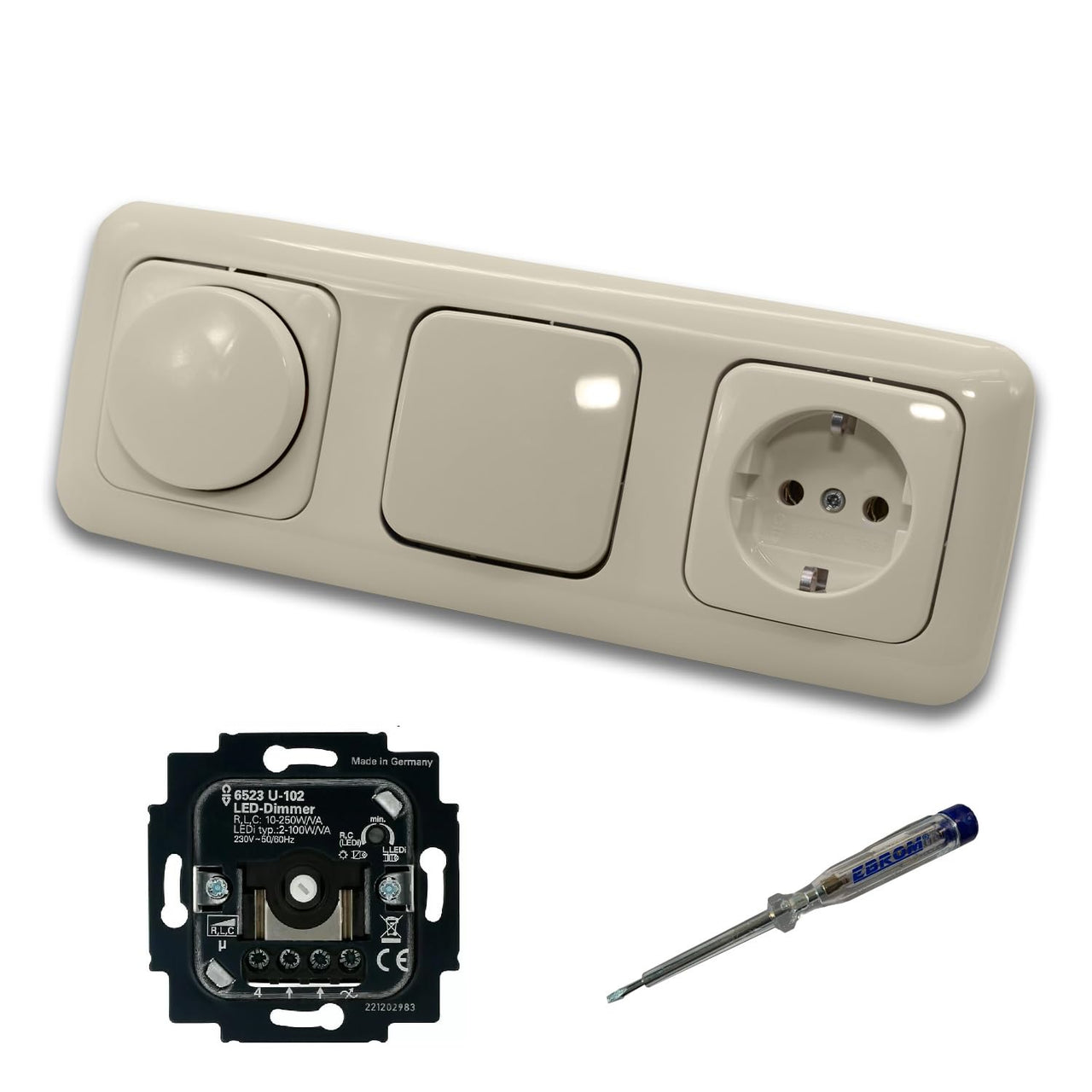 Busch Jäger 6523U-102 LED Drehdimmer Dimmer + Scheibe 2115-212 + Kreuzschalter 2000/7US + Steckdose Kinderschutz 20EUCKS-212 DURO2000 cremeweiß + EBROM Phasenprüfer z. Montage der Geräte 6523 U – 102