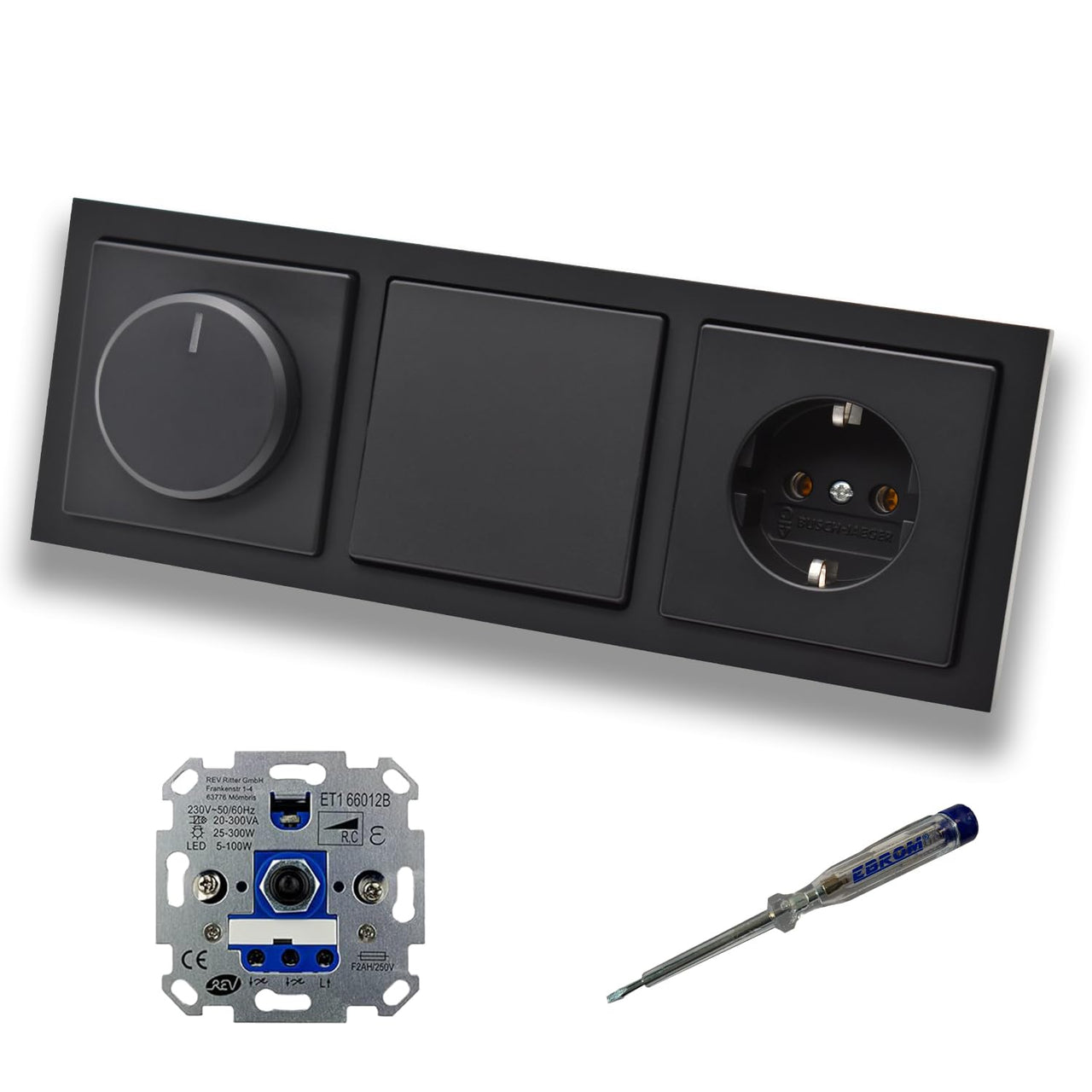 REV Ritter LED Drehdimmer Dimmer + Busch Jäger Dimmerscheibe 6540-885-102 + Taster 2020US + Steckdose mit Kinderschutz 20EUCKS-885 Future Linear schwarz matt + EBROM Phasenprüfer z. Montage der Geräte
