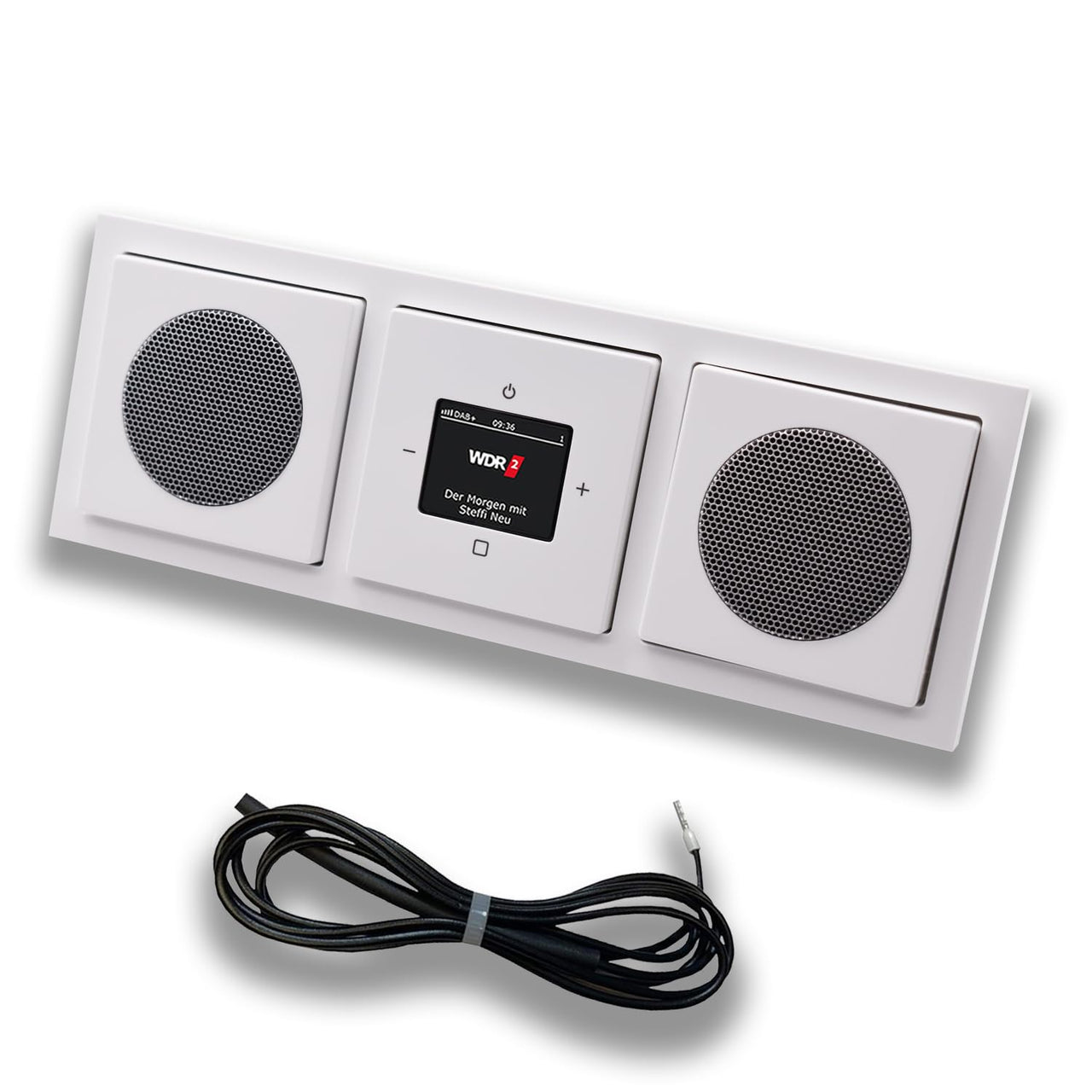 Busch Jäger DAB+ (DAB PLUS) Unterputz Radio 8215U-101 Future Linear Studioweiß, Set mit 2 x Lautsprecher, Abdeckungen, Rahmen + 0,9 m EBROM Wurfantenne z. Empfangsoptimierung, 8215 U – 101