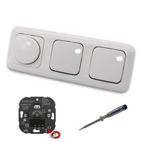 EBROM 1003 Universal ECO LED Drehdimmer Dimmer + Busch Jäger Dimmerscheibe 2115-214 und 2 x Lichtschalter 2000/6 US in Reflex Si alpinweiß glänzend inklusive EBROM Phasenprüfer zur Montage der Geräte