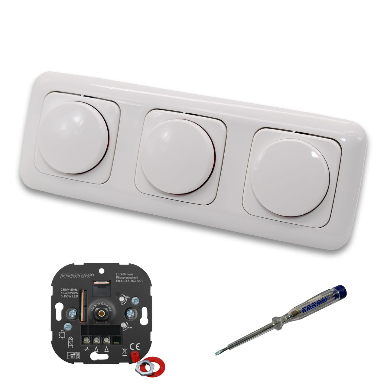 EBROM 1001 (3 Stück) LED Drehdimmer Dimmer + Busch Jäger Dimmerscheiben 2115-214 in ReflexSi alpinweiß glänzend im 3-fach Rahmen inkl. EBROM Phasenprüfer zur Montage der Geräte