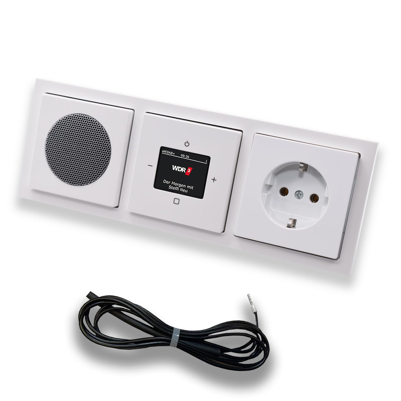 Busch Jäger DAB+ (DAB PLUS) Unterputz Radio 8215U-101 Future Linear Studioweiß, Set mit Lautsprecher, Abdeckungen, Steckdose, Rahmen + 0,9 m EBROM Wurfantenne z. Empfangsoptimierung, 8215U